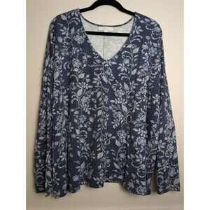 Pure Jill J.Jill Blue Floral Paisley V Neck Long Sleeve Eco-Terry Top Size XL
